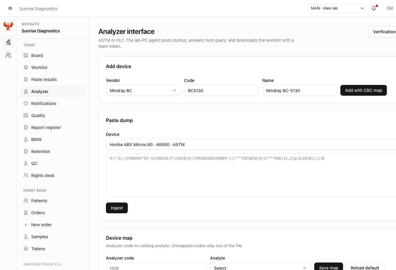 Analyzer interface with Mindray map, ASTM paste dump, and device list
