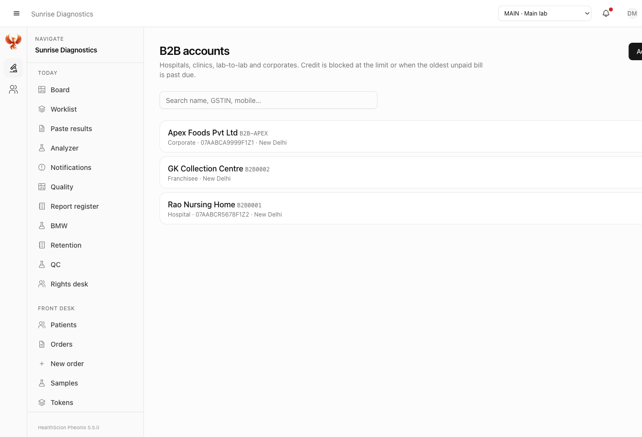 B2B accounts list: corporate, franchisee collection centre, hospital